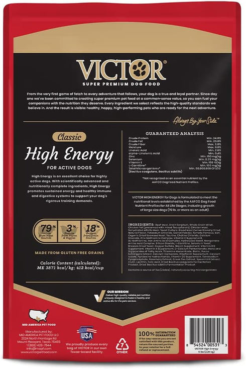 Victor Super Premium Dog Food – High Energy Dry Dog Food for Active Dogs, Gluten Free with Beef and Chicken Meal