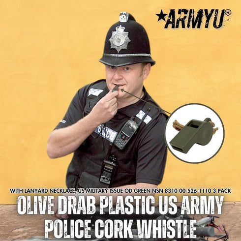 Olive Drab Plastic US Army Police Cork Whistle with Lanyard Necklace, 3-Pack Military Issue OD Green