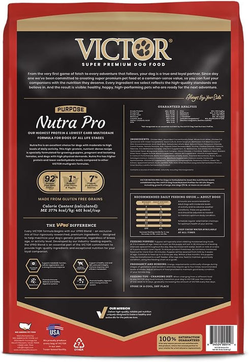 Victor Super Premium Dog Food, Nutra Pro, Gluten Free, High Protein Low Carb Dry Food for Active Dogs, 15lbs