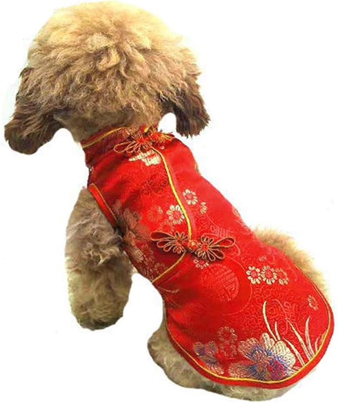 SEIS Pet Costume Tang Suit Dog Cheongsam Satin Clothes Chinese Style Clothing for Dogs Pet Skirt Puppy Cats Dress Dog Vest Tshirt (Red, XXS)
