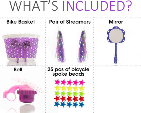 Girl’s Bicycle Decorations Set, Fun Decor with Beads, Rear View Mirror, Water Bottle, Handlebar Streamers & Basket