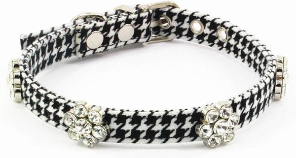 Rhinestone Dog Collar - Designer Crystal Jewelry, Cute Houndstooth Cloth Cat Collar, Size S