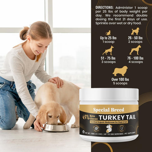 45% Immune 330 Organic Turkey Tail Mushroom for Dogs and Cats, Beta Glucan Standardized, Hot Water Extracted Whole