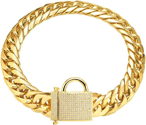 Strong Double Cuban Link Gold Dog Chain Collar with Zirconia Lock, Stainless Steel 16MM for Medium Large Dogs (24'')
