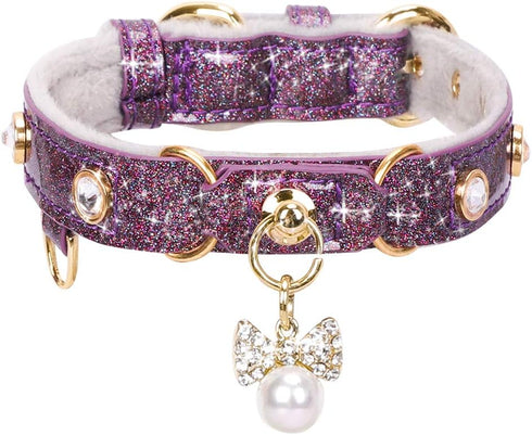 PetsHome Cat Collar, Dog Collar, Bling Rhinestones PU Leather Adjustable Pet Collar for Big Cat and Small Dog