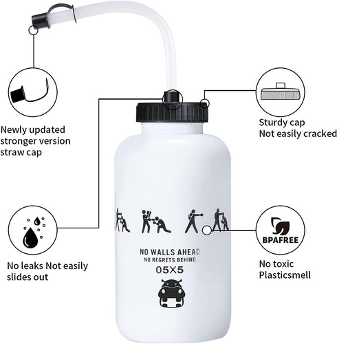 SHOKE Hockey Water Bottle with Long Straw, 1 Liter BPA Free Squeezable Water Bottle, 32 Oz-White