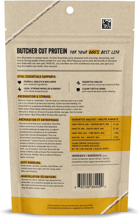 Vital Essentials Freeze Dried Raw Whole Animal Dog Treats, Duck Bites, 2 oz