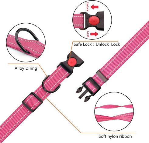Reflective Dog Collar and Leash Set, Adjustable Nylon Pet Collars for Small Medium Large Dogs, Hot Pink & Size S
