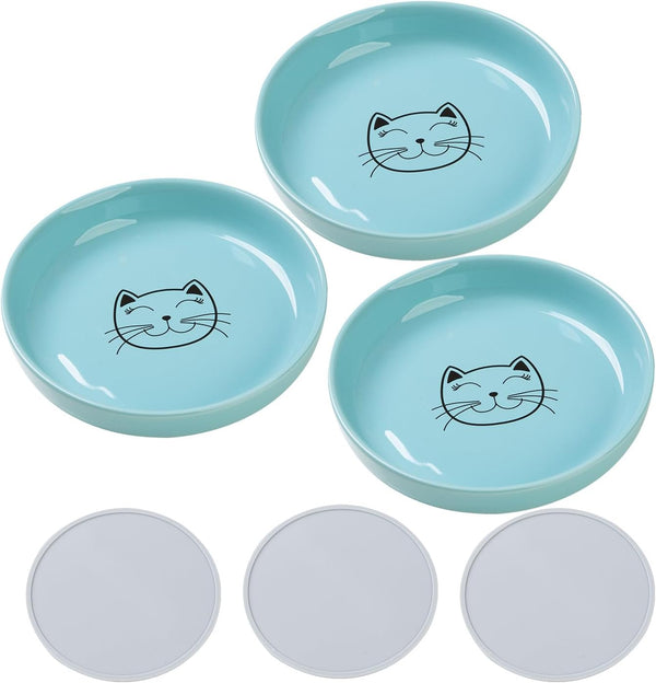 Shallow Cat Food Bowls, 5.9 Inch Wide Ceramic Dishes for Indoor Cats, Anti Whisker Fatigue, 3 Pack (Blue)