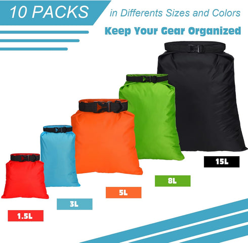 LEIFIDE 10 Pcs Ultralight Dry Bags, Waterproof Lightweight Airtight Bags for Camping, Kayaking, Hiking & Swimming