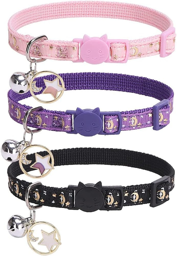 PUPTECK 3 Pack Cat Collar with Bells, Adjustable Breakaway Luminous Safety Collar for Small Kittens, Pink Black Purple