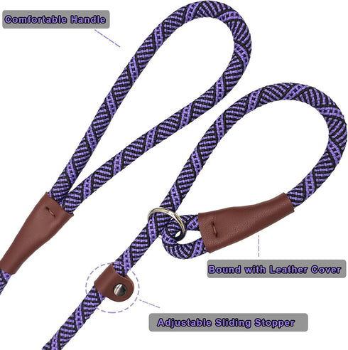 3 FT Dog Leash Slip Lead, 1/2 inch Rope Walking and Training Leash, Strong Nylon for Medium and Large Dogs (Purple)