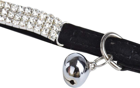 CHUKCHI Soft Velvet Adjustable Cat Collar with Bling Diamante and Bells, 11 inch for Small Dogs & Cats (Black)
