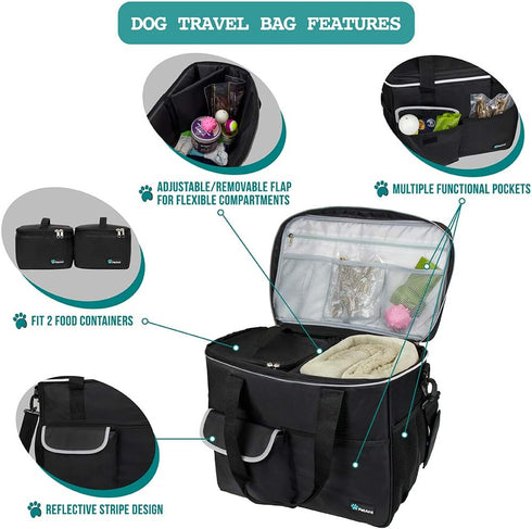 PetAmi Dog Travel Bag - Organizer with Food Container, Bowls & Accessories for Weekend Camping, Cat Diaper Bag (Black