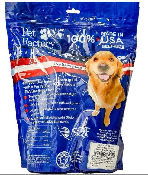 100% 6-7" 10 Count/1 Pack Pet Factory Made in USA Beefhide Assorted (Bones & Rolls) Dog Chew Treats - Beef & Chicken