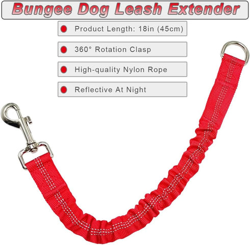 Short Dog Leash Extender, 18 in Bungee Shock Absorbing, Nylon Multifunctional Dog Leash for Medium Large Dogs Walking Training Running (red)