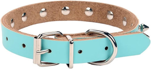 Classic Adjustable Genuine Cow Leather Pet Collars for Cats & Dogs (Medium, Blue-Spiked Rivet)