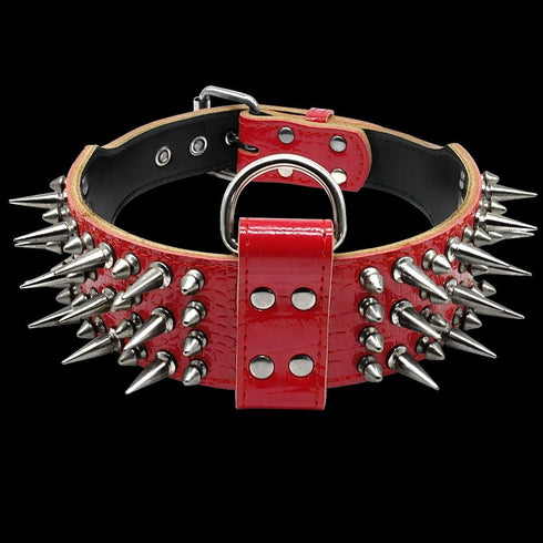 Pet Artist 2" Wide Luxury Genuine Leather Spiked Studded Dog Collars for Medium & Large Dogs, Red, XL, Neck 21-24"