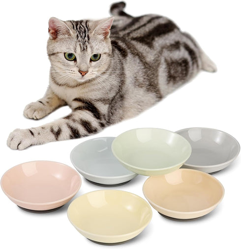 Ceramic Cat Food Bowl Set, Colorful Feeding Bowls with Non-Slip Mat, Wide Shallow Cat Dish - 6 Pack, 8.5 oz