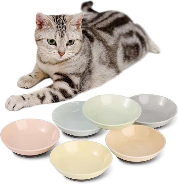 Ceramic Cat Food Bowl Set, Colorful Feeding Bowls with Non-Slip Mat, Wide Shallow Cat Dish - 6 Pack, 8.5 oz