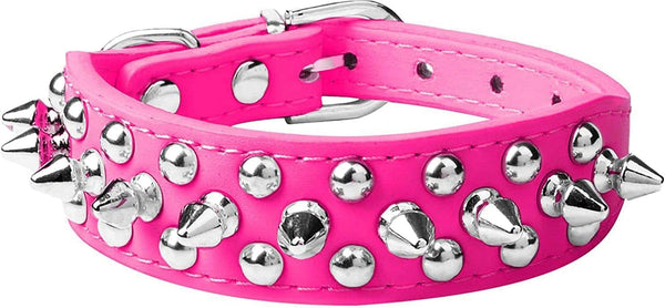 Spiked Dog Collar, Soft PU Leather with Mushrooms Rivet Spike Studded Adjustable Collars for Small Breeds (XS, Hot Pink)
