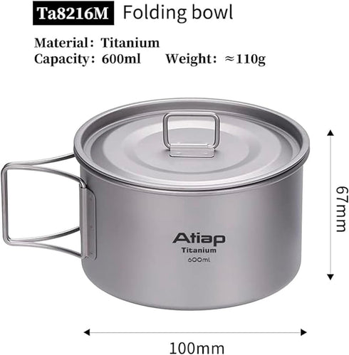 Titanium Bowl Pot with Foldable Handle, 600ML Single-Wall Cooking Bowl for Outdoor Camping, Hiking, Picnic
