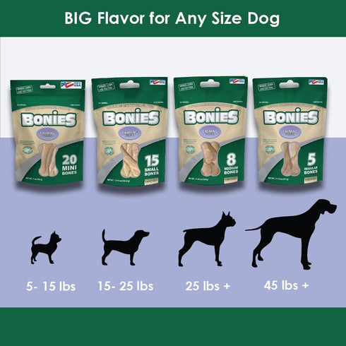 BONIES Natural Calming Multi-Pack SMALL for Dogs 5-25 LBS - Low Calorie Chicken Flavor Natural Dog Treat - 15 Bones