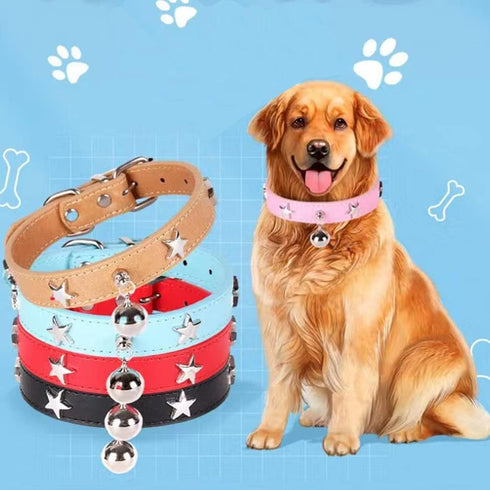 Dog Collar with Bell and Star Studs, Adjustable Length Dog Necklace for Small Medium Large Dogs