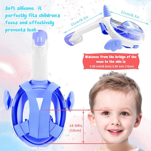 Kids Snorkel Mask, Full Face 180° Panoramic View, Anti-Fog Diving Gear for Ages 4-15, Dry Top