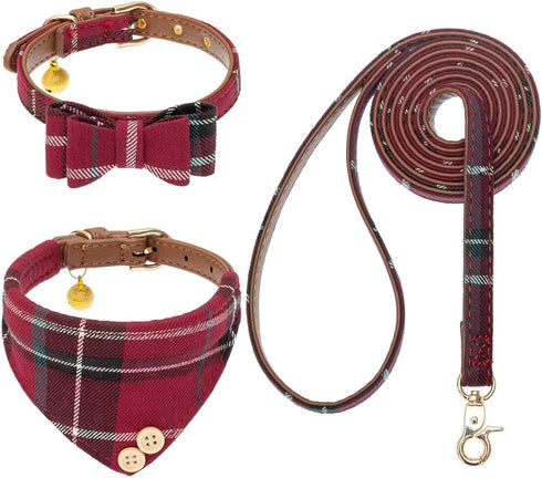 EXPAWLORER Dog Collar and Leash Set, Classic Plaid Dog Bow Tie and Bandana Collar with Bell, Tangle Free Dog Leash,