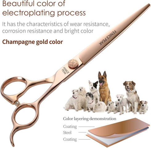 Fenice Peak Straight Dog Grooming Scissors, Champagne Gold 440C Stainless Steel for Dogs and Cats