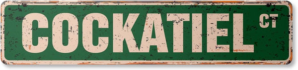 Cockatiel Vintage Aluminum Street Sign, Bird Pet Cage, Rustic Metal Tin for Indoor/Outdoor Use, 24" Wide.