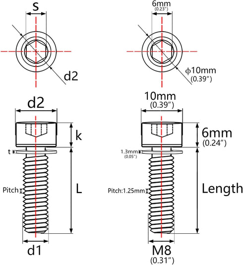 M8 x 25mm Titanium Ti Bolt with Washer for BMX Cycling Stem, Pack of 6