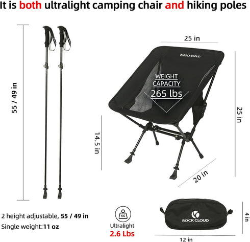 2 1 Backpacking ROCK CLOUD Portable Camping Chair Ultralight Folding Chairs and Trekking Pole in for Outdoor Camp