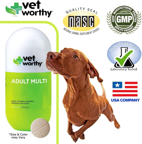 60 Vet Worthy Adult Multi Vitamins - Multivitamin for Dogs to Support Optimum Health and Overall Wellness - Dog
