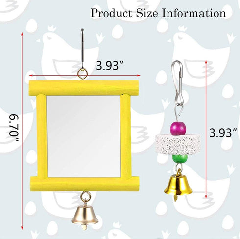 Vehomy 2Pcs Chicken Mirror Toys for Hens Hanging Swing Mirror Toys with Bells and Beak Grinding Molar Stones