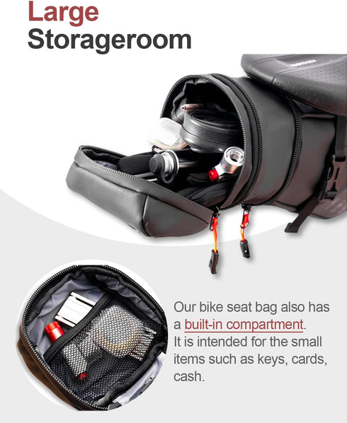 Water-resistant Bike Seat Bag, Expandable Capacity Cycling Under Seat Pouch 1.5-2L, Pack for Mountain Road Bikes