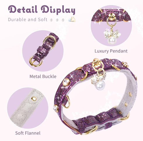 PetsHome Cat Collar, Dog Collar, Bling Rhinestones PU Leather Adjustable Pet Collar for Big Cat and Small Dog