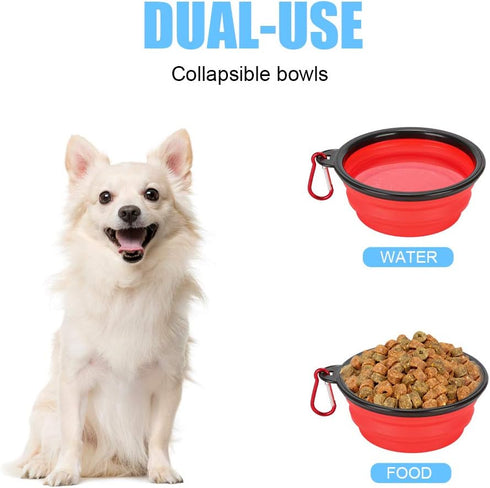 Pack of 2 Large Collapsible Dog Bowls - Food Grade Silicone, BPA Free, Foldable Travel Bowl with Carabiner Clip (Blue &