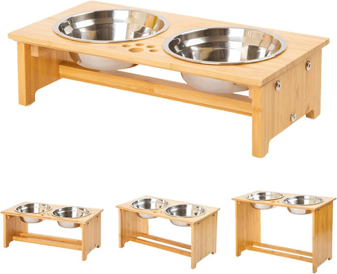 FOREYY Raised Pet Bowls for Cats and Small Dogs, Bamboo Elevated Feeder with 2 Stainless Steel Bowls, Anti-Slip Feet