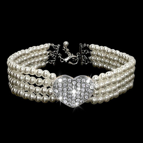 Dogs Kingdom 4 Rows Bling Rhinestone Heart Decor Collar Necklace, Dog Cat Pearls Necklace, White, M:10-12" Neck