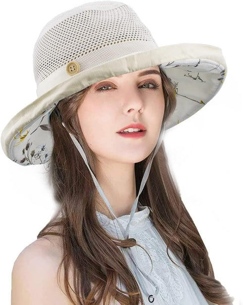 Women's Foldable Fishing Hat, Mesh Sun Hats, Wide Brim Summer Outdoor UV Protection Beach Bucket Cap with Chin Strap