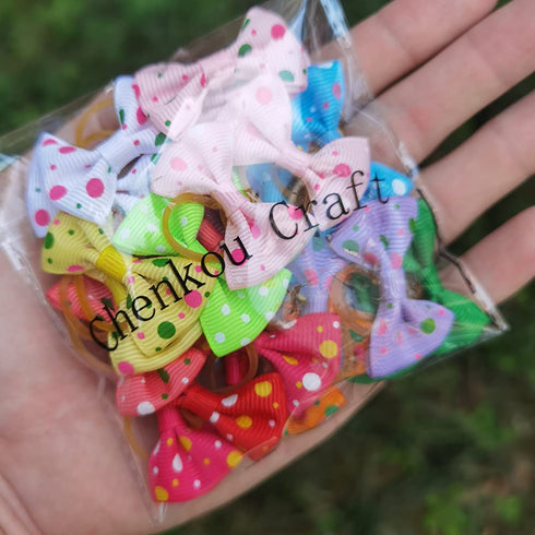 Chenkou Craft 30pcs (15pairs) Dog Pet Hair Bows with Rubber Dot Grosgrain Ribbon, Mix Colors & Patterns