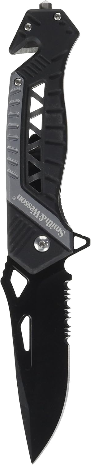 Smith & Wesson SW608BLS 8.5in Folding Knife with 3.4in Serrated Drop Point Blade and Aluminum Handle for Tactical EDC