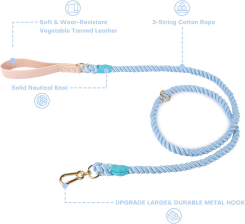 Lucky Monet 5FT Cotton Dog Leash - Ombre Rope Heavy Duty Braided Training with Comfortable PU Leather Handle for Small,
