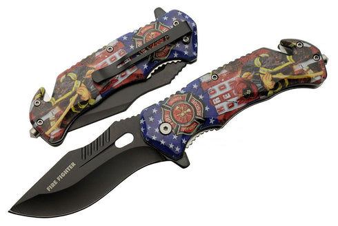 SZCO Supplies 8” Firefighter Decal Liner Lock Tactical Folding Knife, Assisted Open, Red