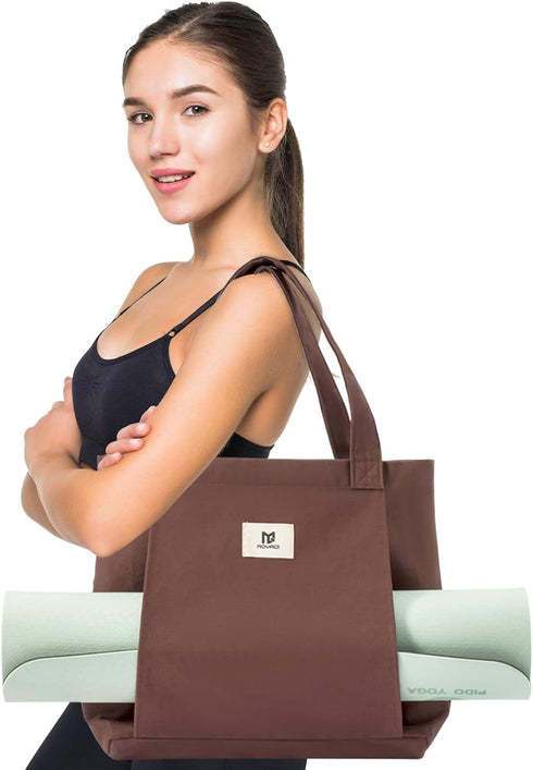 Moyaqi Canvas Tote Bag with Yoga Mat Carrier Pocket Carryall Shoulder Bag for Office, Workout, Pilates, Travel, Beach