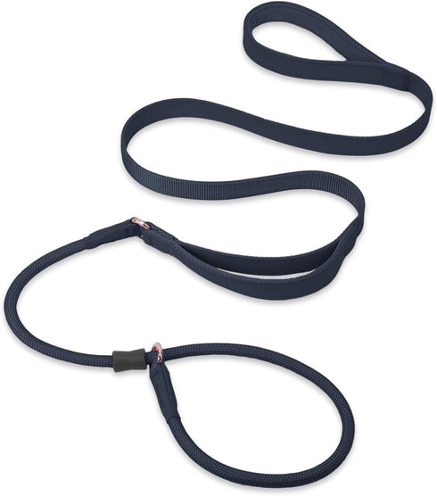 Slip Lead Dog Leash - 6ft Black Training Leash with Double Handle, Soft Leather Nylon Slip Leash and Collar for Small,