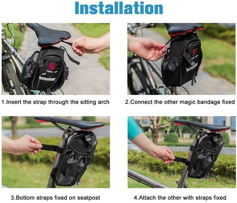 Waterproof Rear Under Seat Bike Saddle Bag, Double Bottle Pouch Bicycle Tail Pocket with Reflective Strip for MTB