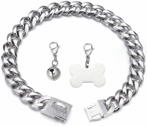 Silver Dog Chain Collar Cuban Link with Cubic Zirconia Buckle, ID Tag and Bell (15mm/19mm, 10-26inch)